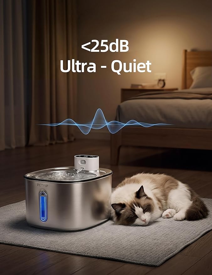 Wireless Cat Water Fountain Stainless Steel,135fl-oz/4L Battery Operated Automatic Pet Water Dispenser,Cordless Dog Water Fountain,Water Fountains for Cats Indoor,Ultra Quiet (Cat Fountain + 7 Filter)