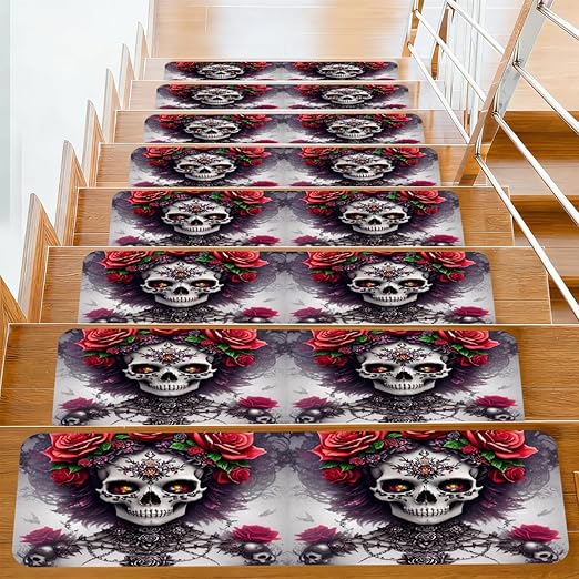 Abstract Skulls Roses Stair Treads for Wooden Steps Indoor Washable Staircase Carpet 1PCS 30"x7.8" Stair Step Treads Non-Slip Staircase Covers Peel and Stick Safety Mat for Kids Elders Pets