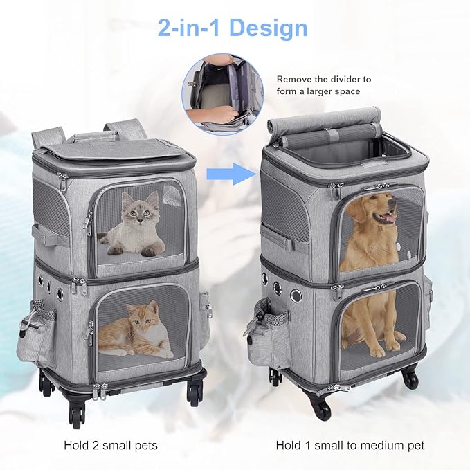 HOVONO Double-Compartment Pet Carrier Backpack with Wheels for Small Cats and Dogs, Cat Rolling Carrier for 2 Cats, Perfect for Traveling/Taking a Walk/Trips to the Vet, Grey