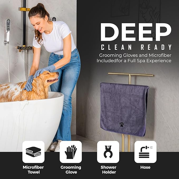 Dog Shower Attachment with 4 Spray Modes, 6.5ft Stainless Steel Hose & Metal Diverter – Easy-Install Kit with Grooming Gloves and Absorbent Microfiber Pet Towel – Indoor/Outdoor Use