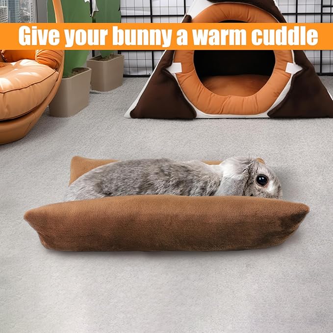 MEWTOGO 15.7" x 14" Bunny Bed for Rabbit Cage - Thickened Soft Prevent Sore Hocks Plush Mat with Cotton Lounger Pillows, Small Animal Flop Mat for Hutch Sleeping Indoor, Brown