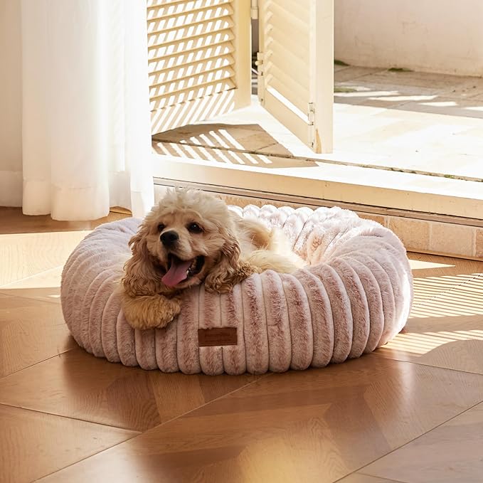 FUKUMARU Small Dog Bed, Gradient Color Donut Dog Beds for Anxious Puppies, 25 inches Calming Orthopedic Dog Beds, Round Pet Beds with Washable Cover, Cute Cat Bed for Indoor Cats, Pink