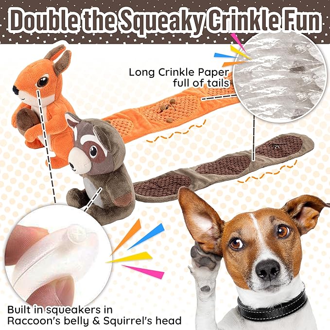 LECHONG 2-Pack Plush Squeaky Dog Toys, 23-Inch Snuffle Puzzle Tug of War Toy with Roll-Up Treat-Hiding Crinkle Tail, Enrichment Toys for Small & Medium Dogs to Relieve Boredom & Mental Stimulation