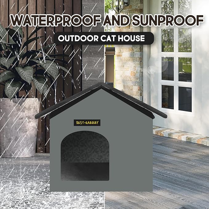 Rest-Eazzzy Cat House for Outdoor Cats, Weatherproof and Insulated Feral Cat House with Mat and Clip, Easy to Put Together, Selfwarming Cat Shelter for Summer(Grey, Waterproof House-S)