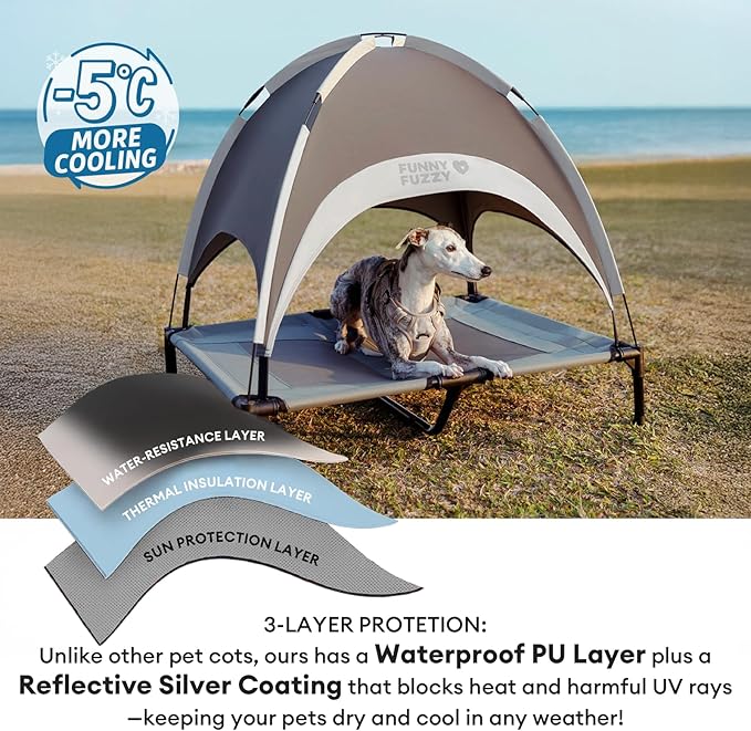 FUNNY FUZZY Elevated Dog Bed with Canopy,Grey, Large(36"x30"x7")–Outdoor Pet Cot with UV Protection, Breathable Mesh for Cooling, Indoor & Outdoor Use for Dogs up to 120 lbs