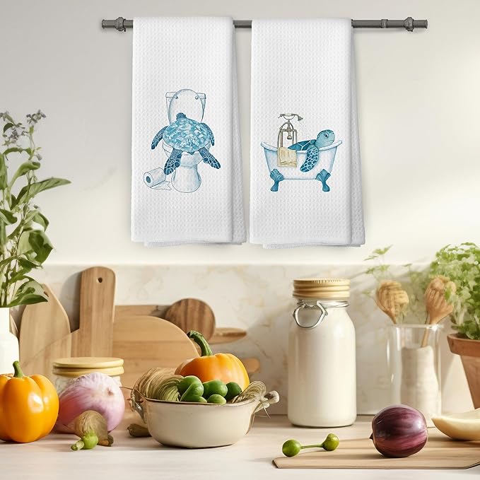 Funny Sea Turtle Bathroom Towels Set of 2, Ocean Animal Sea Turtle Hand Towel, Bathroom Restroom Washroom Decorative Tea Towel Dish Towels 16x24 Inch