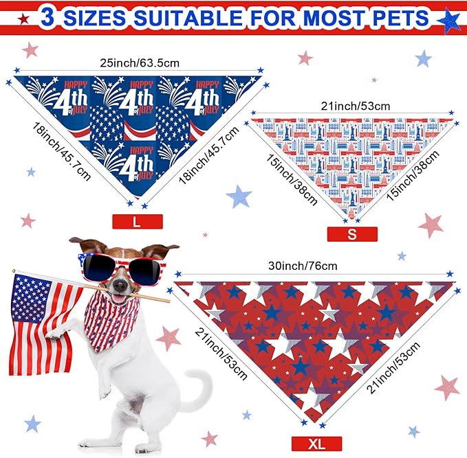 Huhumy 100 Pcs 4th of July Dog Bandanas Bulk 3 Sizes Dog Washable Bandana Adjustable Washable Patriotic Scarf for Small Medium Large Dogs, Independence Day Designs