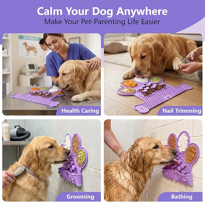 Dog Lick Mat with Suction Cups, Slow Feeder & Enrichment Mat for Dogs & Cats, Silicone Feeding Mat for Wet & Dry Food, Anxiety Relief, Mess-Free Foldable Pocket Design, Purple