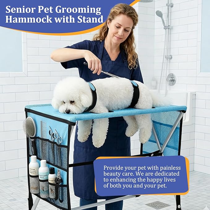 Foldable Pet Grooming Hammock for Small Dogs & Cats - Sturdy Aluminium Alloy Support Suitable, Dog & Cat Grooming Table - Gentle Joint Support for Nail Trimming, Bathing & Care, No Hook Needed -8.8 lb