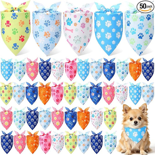 Weewooday 50 Pcs Paw Print Dog Bandanas Bulk for Dogs Soft Bibs Adjustable Triangle Pet Bandana for Small Medium Large Costume(paw Pattern, 19.7 x 13.8 x 13.8 Inch)