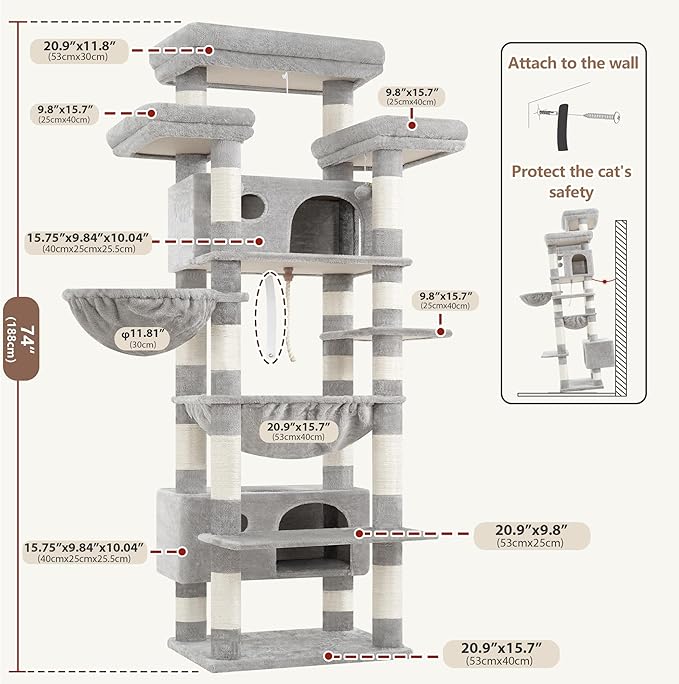Gitelsnour Cat Tree for Indoor Cats Large Adult, 74" Cat Tower with 3 Big Platforms, 2 Baskets, 2 Condos, Multi-Level Cat Scratching Posts, Light Gray GCT030W