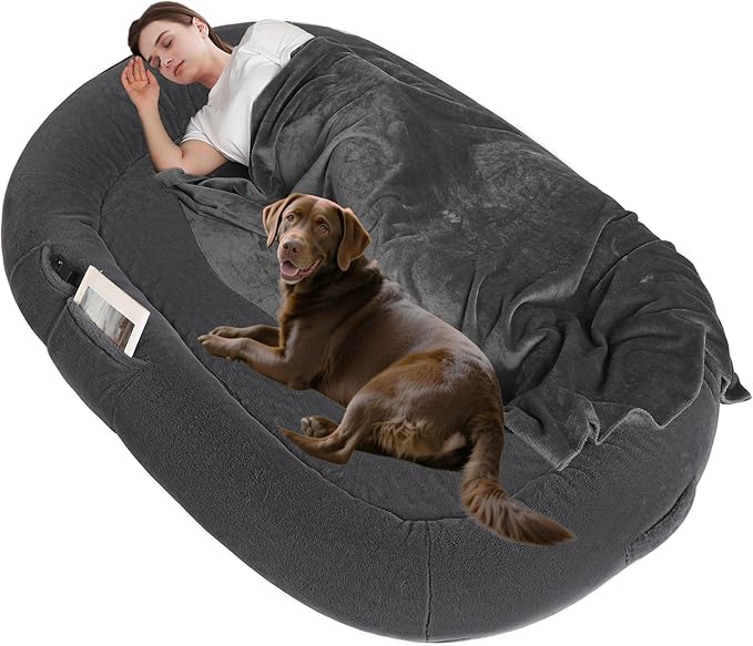 Human Dog Bed with Blanket, 71"x47.2"x9" Extra Large Fits Adult & Pets, Reversible Orthopedic Gel Memory Foam Cushion, Washable Faux Rabbit Fur, Plump Edge, Storage Pocket, Black Grey