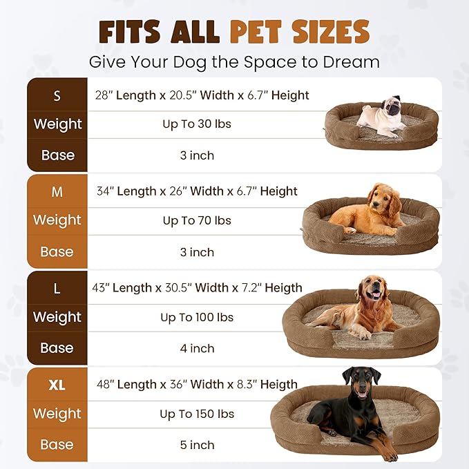Orthopedic Dog Bed for Large Dogs, 43 Inches Oval Pet Bed with Memory Foam, Removable Washable Cover, Bolstered Sides, Thick Supportive Cozy Puppy Bed for Sleeping, Camel