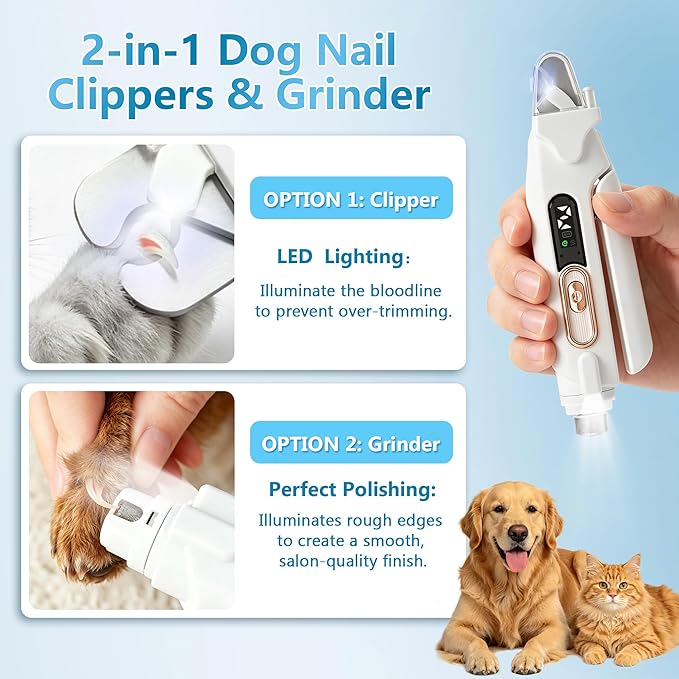 2-in-1 Dog Nail Clippers and Grinder with Light, Quiet Electric Pet Nail Trimmer for Small Medium Large Dogs & Cats, 2 Speeds, Rechargeable, Splash Guard & Safety Lock, Painless Grooming Tool