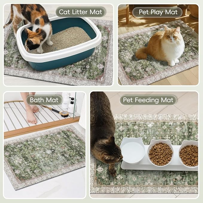 Cat Litter Mat Litter Trapping Mat, 40"x30" Waterproof Urine Proof Litter Box Mat Catcher Mat Non-Slip Washable for Kitty Kitten, Green