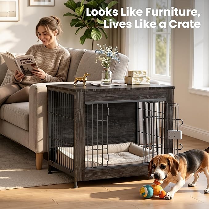 Wooden Dog Crate Furniture, 27in Dog Cage Furniture with Slide Safety Latch, Indoor Decorative End Table for High Anxiety Dogs, Furniture Style Dog Crate for Small to Medium Dogs, Rustic Brown
