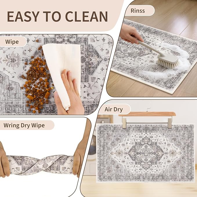 Boho Dog Feeding Mat, Absorbent Cat Matt for Food, Non Slip Pet Water Bowl Placemat Small for Floor, Beige & Charcoal & Brown Indoor Dog Eating Dish Mat 12"x20"