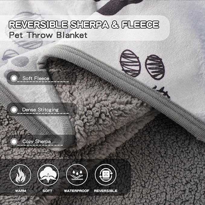 Waterproof Dog Blankets Pet Blanket 60"x80", Soft Fluffy Sofa Car Bed Protector, Reversible Sherpa Fleece Dog Blanket for Large Dogs(Light Grey-Paws)