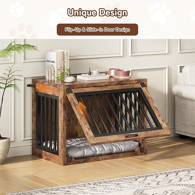 Jocoevol Dog Crate Furniture - 30'' Wooden Dog Kennel for Dogs up to 30 lb, Small Dog Crate with Hidden Sliding Door, Heavy Duty Dog Cage with Safety Latch and Quiet Pads, Rustic Brown