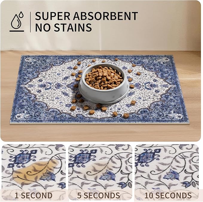 Boho Dog Feeding Mat, Absorbent Cat Matt for Food, Non Slip Pet Water Bowl Placemat Small for Floor, Cream & Dark Blue Indoor Dog Eating Dish Mat 12"x20"