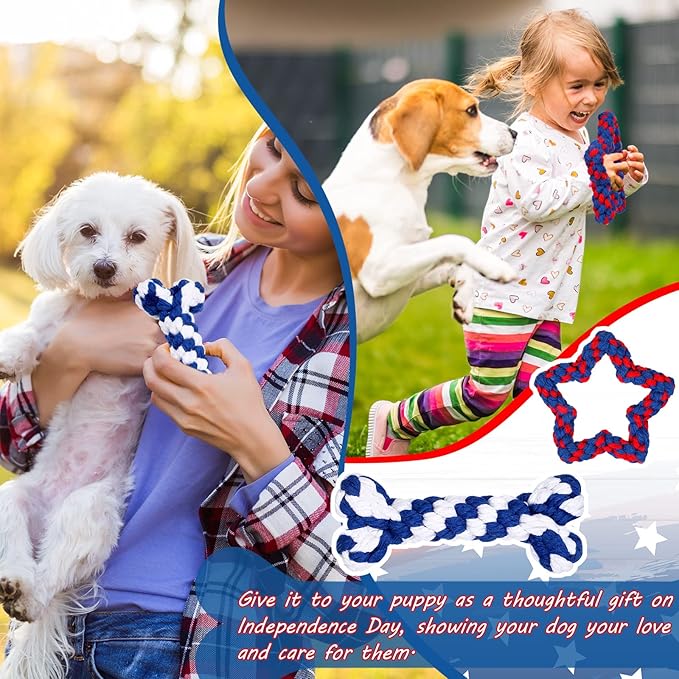 Sotiff 4 Pcs 4th of July Dog Rope Patriotic Pet Chew Toys Bone Star Heart Shape Durable Dog Toys for Small Breed Dogs Puppy Teething Independence Day Supplies, 4 Styles