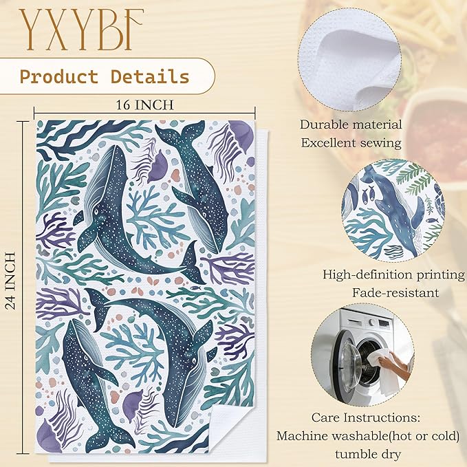 Blue Whale Nautical Coastal Hand Dish Tea Towels for Kitchen Bathroom Decor 16x24 Inches, Coastal Bathroom Decor, Ocean Marine Life Beach Kitchen Towels Decorative Set of 2