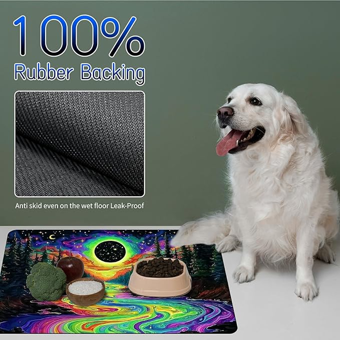 Dog Food Mat, 19.6" x 23.6" Absorbent Pet Feeding Mat for Food and Water, Waterproof Diatom Mud Pet Placemat with Non-Slip Rubber Backing, Easy Clean Cat Bowl Mat for Floors - Forest Art Sun