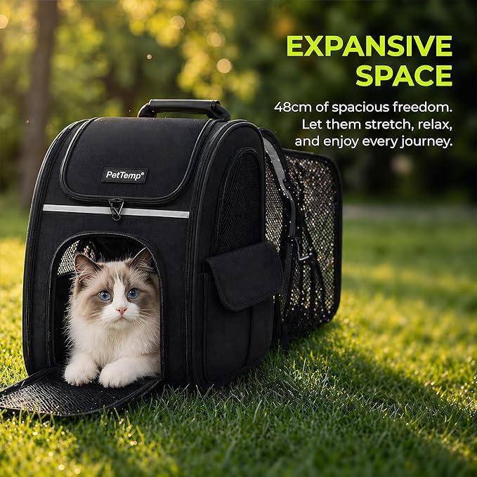 Expandable Cat Backpack Carrier Airline Approved Pet Travel Backpack with Breathable Mesh, Large Space, Safety Leash, Comfortable Padded Straps, Foldable Soft Pet Carrier for Hiking Vet