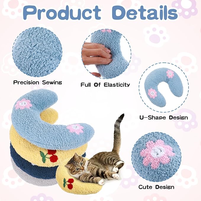 4 Pcs Pillows for Cats Puppy Bed, Soft Fluffy Pet Calming Toy, Half Donut U Shaped Pet Neck Pillow, Training Toy Joint Relief Cervical Protection (4 Patterns)