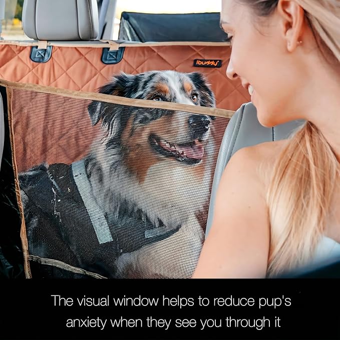 56"Wx60"L Dog Car Seat Cover for SUV & Truck, Heavy Duty 900D Waterproof Pet Hammock with Mesh Window, Odorless Scratchproof Backseat Protector for Large Dogs, Fit Model Y, F-150, RAV4 - Brown