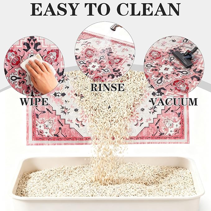 EXPAWLORER Cat Litter Mat, 28”x36” Medium Non-Slip Urine Waterproof Litter Trapping Mat Easy to Clean Washable Litter Box Mat for Floor Soft on Kitty Paws, Indoor Food Mats Rug Pads for Bathroom Pink