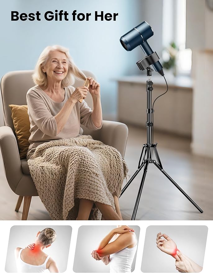 Nineigh Hair Dryer Stand Hands Free, 20-63 Inch Adjustable Hair Dryer Holder with Tripod & Universal Clip, Blow Dryer Stand for Bathroom Salon Home, Perfect for Long Hair & Stylists