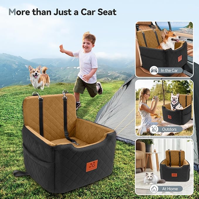 GL GLENSLAVE Dog Car Seat for Small/Medium Dogs Under 35lbs,Memory Foam Dog Booster Seats,Detachable and Washable Traval Pet Car Seat, Dogs Bed with 2 Safety Belts (Black/Coffee)