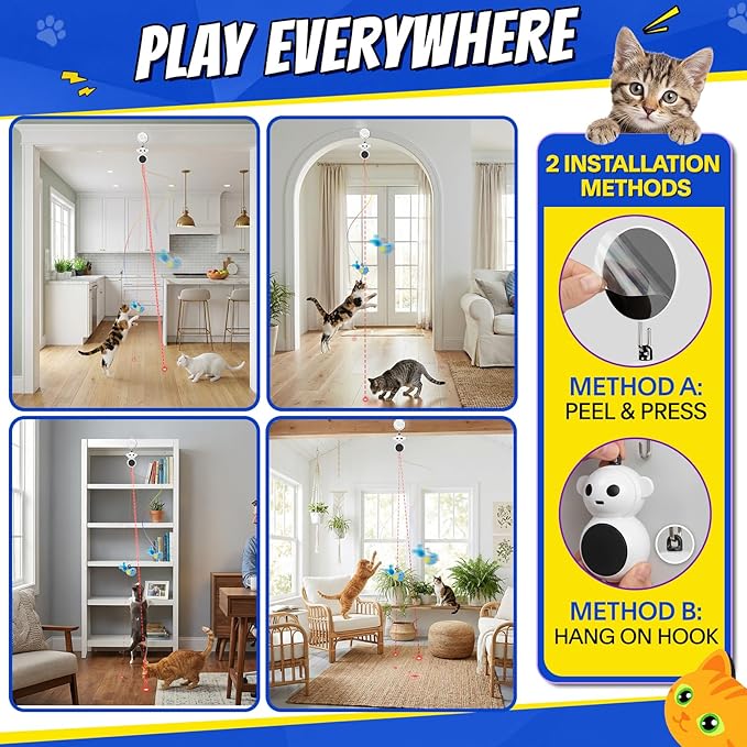 Interactive Cat Toys for Indoor Cats - 2 in 1 Automatic Cat Toy with Feather Flying Bird, Smart Moving Mouse Wand Toy, Auto On/Off Hanging Toys for Bored Kitten & Adult Cats(Grey)