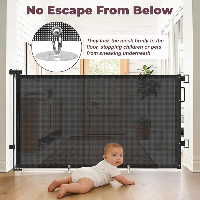 Retractable Baby Gates for Doorways, 58" Extra Wide Mesh Child Dog Gate for Stairs, 34" Tall Toddler Pet Gate Indoor and Outdoor, Easy Install, Essential for Home Safety, Black