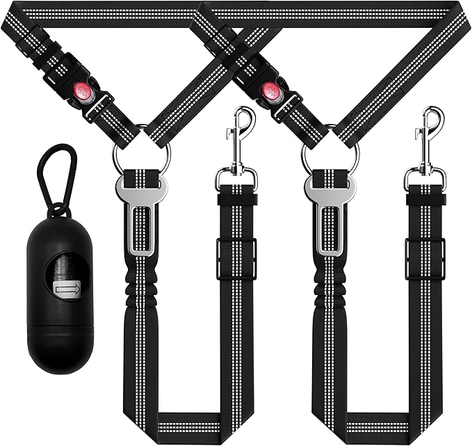 Seyezo Dog Car Seat Belt Set - 3 Piece Retractable Harness, Adjustable Reflective Seatbelt for Vehicle Headrests, Safety Restraint, Heavy Duty & High Elastics, Black