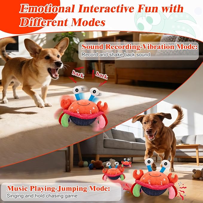 Mity rain Interactive Dog Toys with Thicken Plush, Moving Dog Toy with Recording Mode Shaking & Singing Mode Bouncing, Funny Ball Jumping to Keep Them Busy & Chase, Rechargeable (Crab)