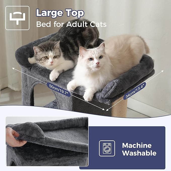 Cat Tree for Large Cats with Scratching Post, Small Cat Tower with Spacious Top Bed 20x13.8” Private Cat Condo and Ramp and Self Groomer and Spring Ball-Dark Grey