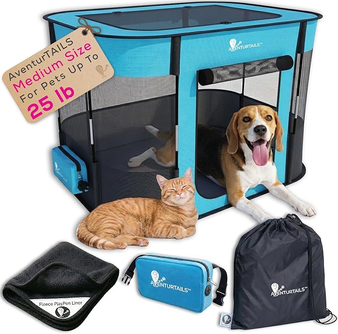Portable Foldable Dog & Cat Playpen - Indoor Outdoor Travel - Medium Collapsible Pet Play Pen for Small Dogs, Puppies & Kittens - Lightweight Enclosure with Breathable Mesh, Fleece Liner & Carry Bag