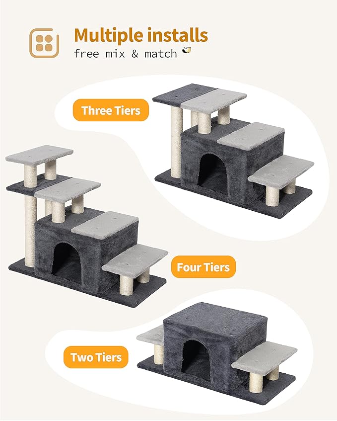 Aechonow 4-Tier Cat Stairs for High Bed with 22'' Cat Scratching Post, Pet Steps for Doggies Rabbit Ferret, Adjustable Cat Cave, Grey, Extra Large