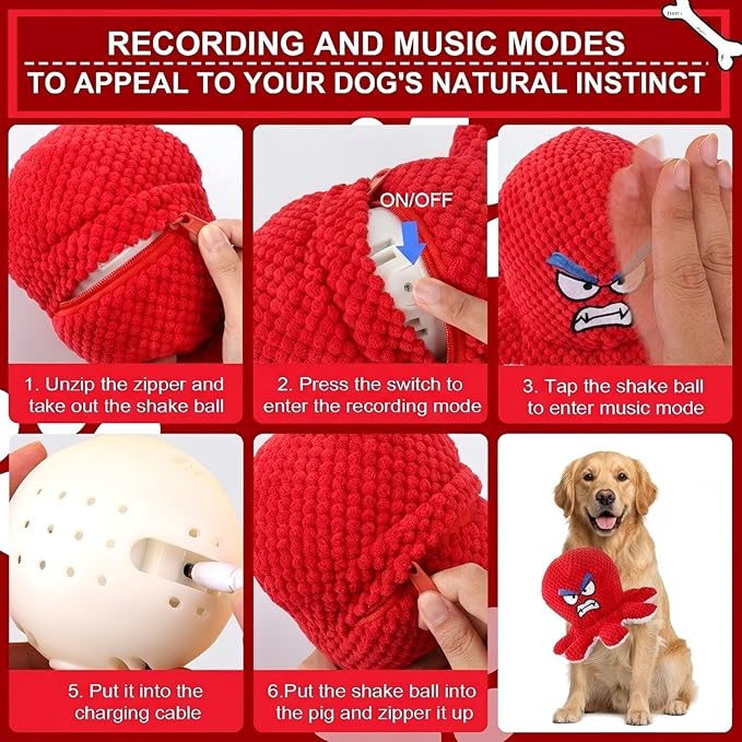 Interactive Jumping Octopus Dog Toy with Recording & Music Modes, Rechargeable Moving Squeaky Toy for Small, Medium & Large Dogs, Bouncing Pet Chew Toy to Relieve Stress & Burn Energy