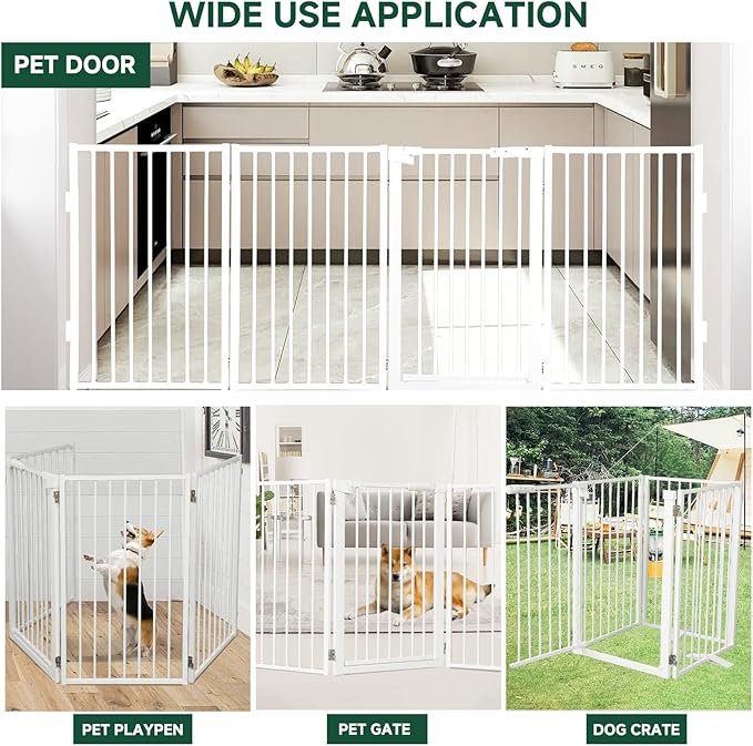 Snagle Paw Metal Freestanding Dog Gate with Door, 80” W x 24” H Dog Fence with Support Feet for Doorways, Stairs and Hallways, Portable Pet Gate for Indoor Use (4 Panel, White)