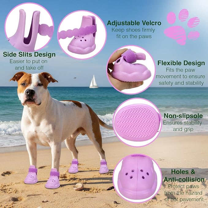 Dog Shoes for Hot Pavement and Snow - Waterproof, Non-Slip, Breathable Booties with Adjustable Straps for Small Medium, and Large Dogs (Purple, L)