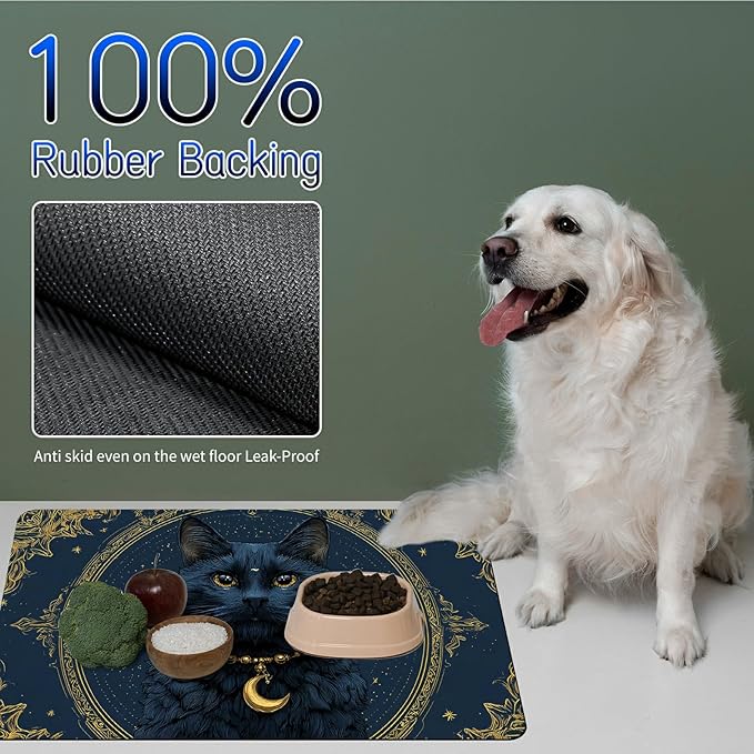Dog Food Mat, 19.6" x 23.6" Absorbent Pet Feeding Mat for Food and Water, Waterproof Diatom Mud Pet Placemat with Non-Slip Rubber Backing, Easy Clean Cat Bowl Mat for Floors - Black Cat Moon