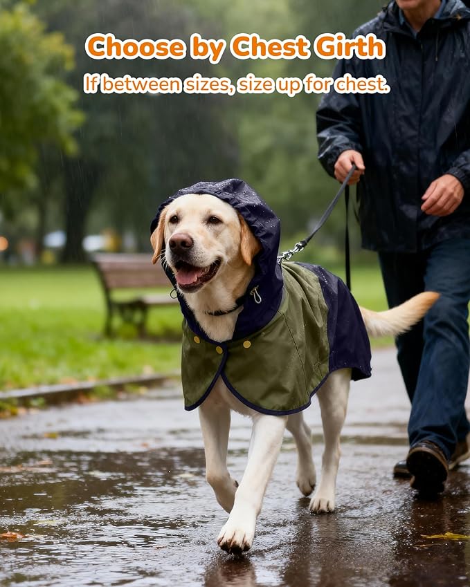 Waterproof Dog Raincoat with Hood, Extended Coverage Rain Jacket for Large Dogs, Wind-Resistant Secure Fit with Leg Straps, Reflective, Leash Hole, Easy Hook & Loop Fastener On/Off, Blue, XL