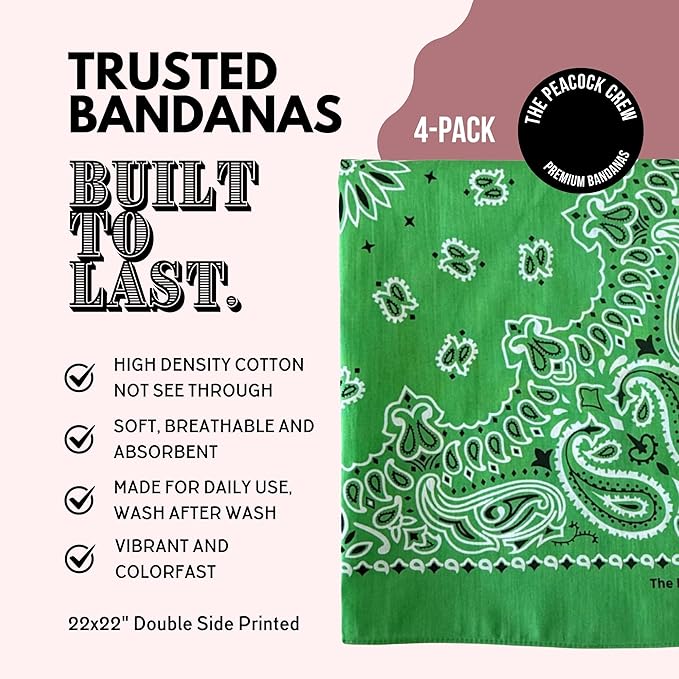The Peacock Crew Premium Soft Cotton Bandanas Pack for Men and Women Paisley 22 x 22 inches