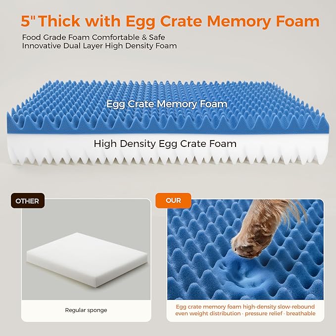 5 Inch Thick Orthopedic Dog Bed for Medium & Large Dogs, High Density Egg Crate Memory Foam with Support Foam, Waterproof Liner & TPU, Removable Washable Cover, Nonskid Bottom, 47"x30"x5", Grey