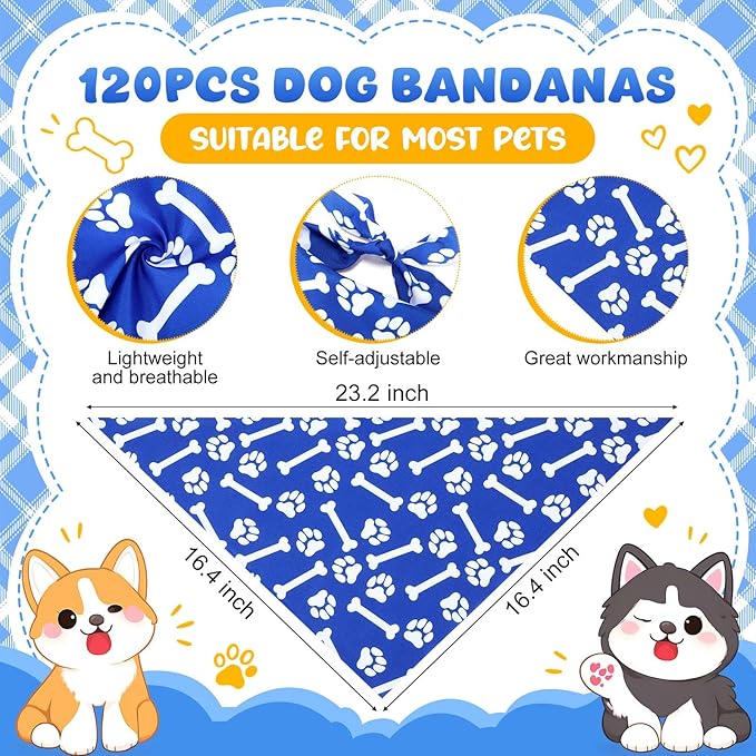 Sanwuta 120 Pcs Boy Dogs Bandanas Bulk Blue Summer Triangle Dog Bandana Washable Pet Scarves Adjustable Bibs Puppy Scarf Washable Triangle Pet Scarfs for Small and Medium Pets, 30 Styles