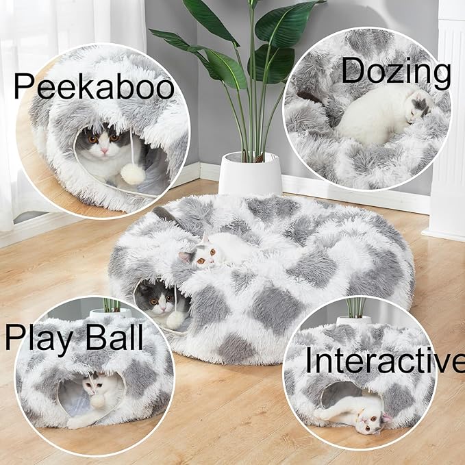 Warm Fluffy Plush Cat Tunnel Bed with Washable Cushion- Big Tube Playground Toys 3 FT Diameter Collapsible, for Indoor Cat Kitty Kitten Puppy Rabbit Ferret Gray-White Diamond Pattern
