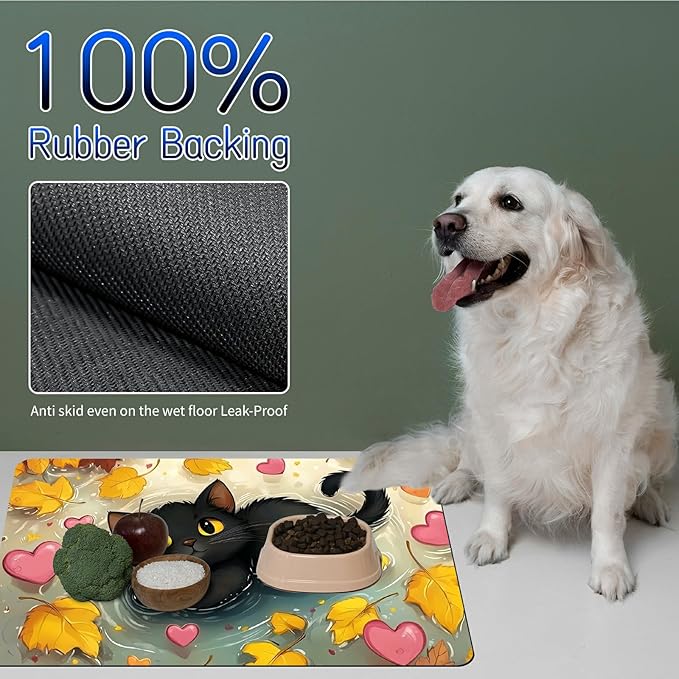 Dog Food Mat, 19.6" x 23.6" Absorbent Pet Feeding Mat for Food and Water, Waterproof Diatom Mud Pet Placemat with Non-Slip Rubber Backing, Cat Bowl Mat for Floors - Maple Leaf Black Cat